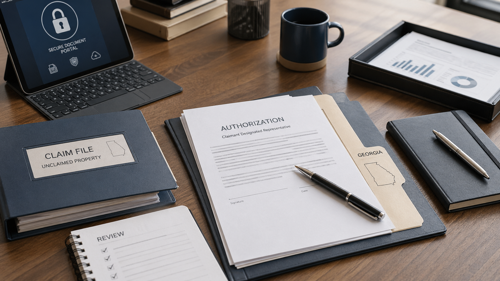 Georgia registered CDR reviewing unclaimed property claim documents with a business client